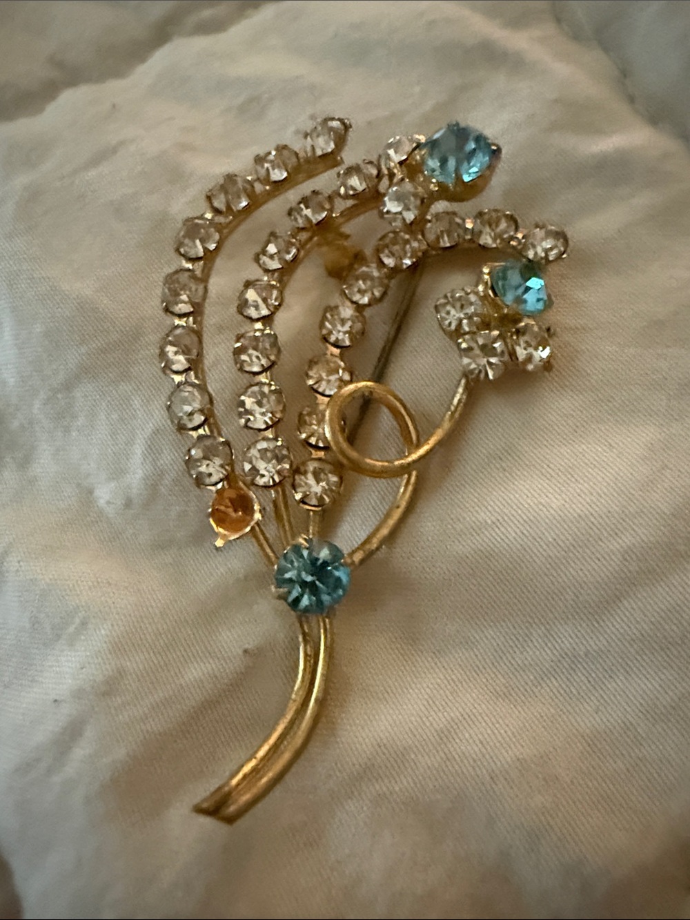 Gold-Tone Floral Brooch with Blue and Clear Crystals